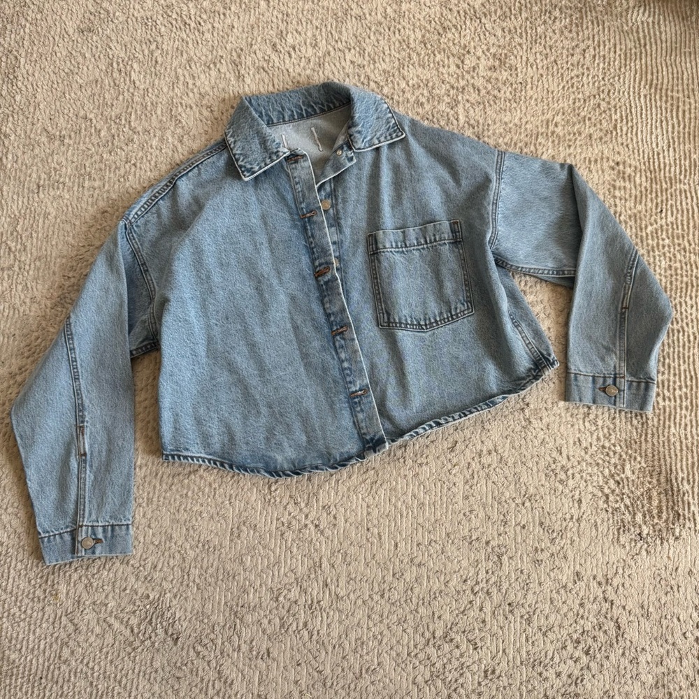Casual Blue Cropped Denim Jacket